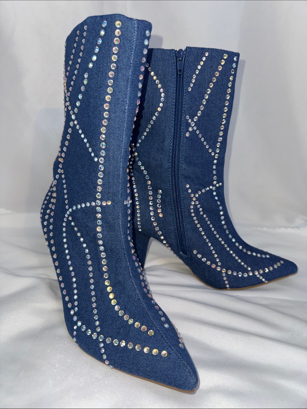 Rhinestone Embellished Navy Denim Pointed Toe Booties size 10